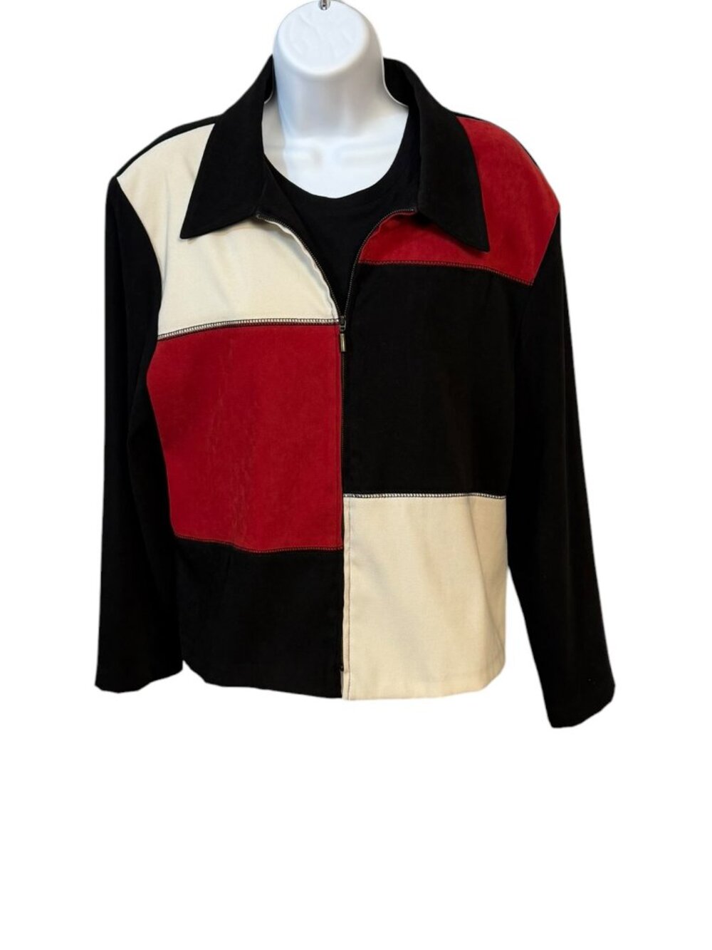 Vintage Briggs New York Petite L Color Block Zip Jacket Red Cream Black Retro